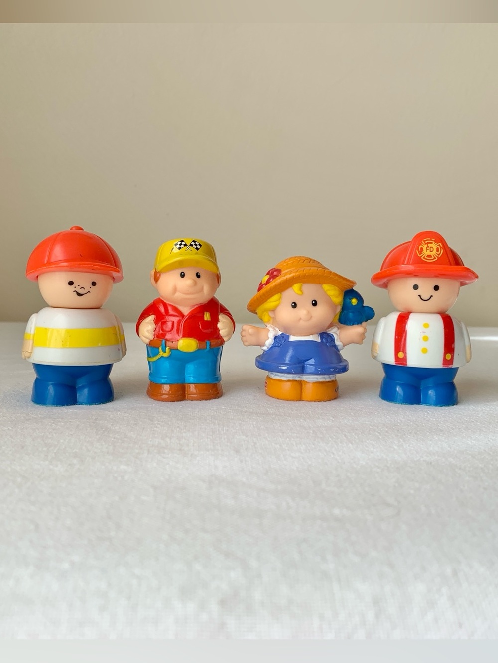 2001 Little People & 1998 Shelcore Set of 4 Toys Farm Girl, Racing, Boy, Fireman